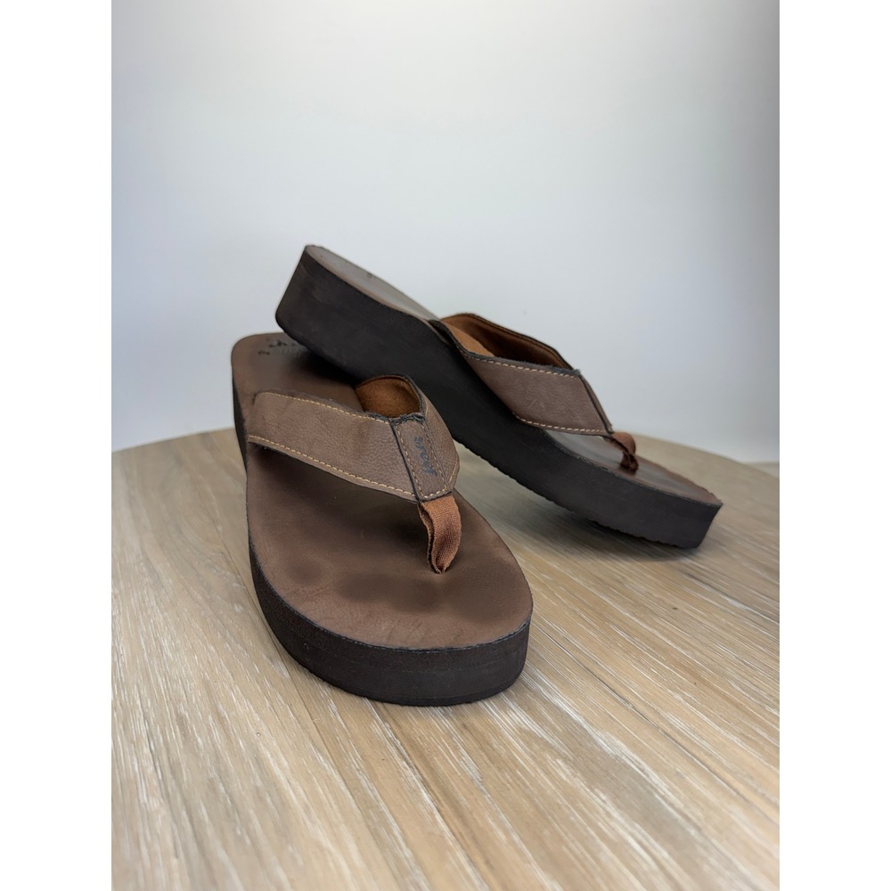 Reef Womens 9 Platform Thong Flip Flops Brown Faux Leather Beach Sandals